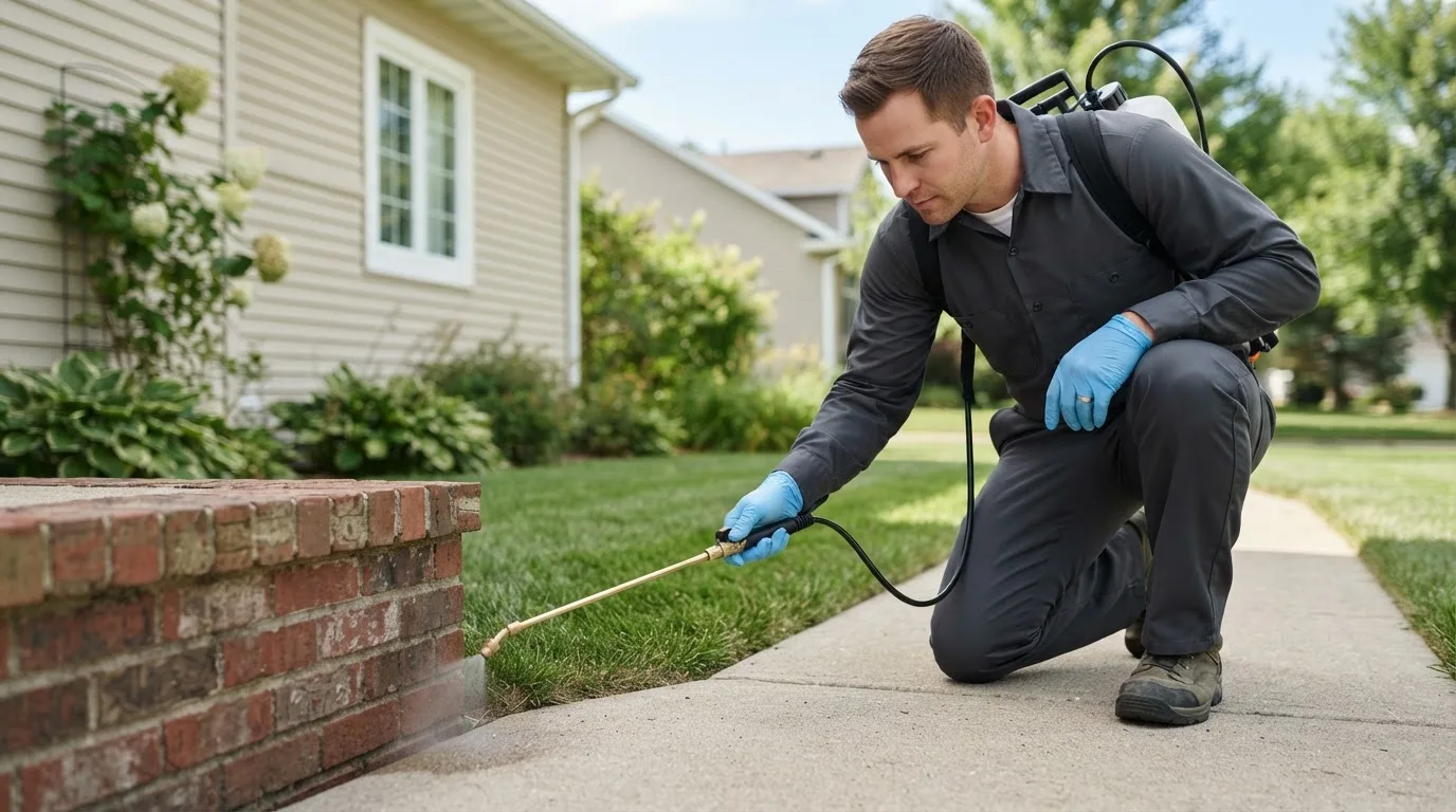 Pest control technician treating a home near Marshfield, MO